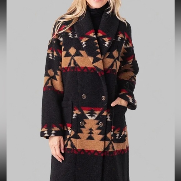 XiRENA Jackets & Blazers - XIRENA Yellowstone Black Aztec Print Long Coat with Tan & Red Accents